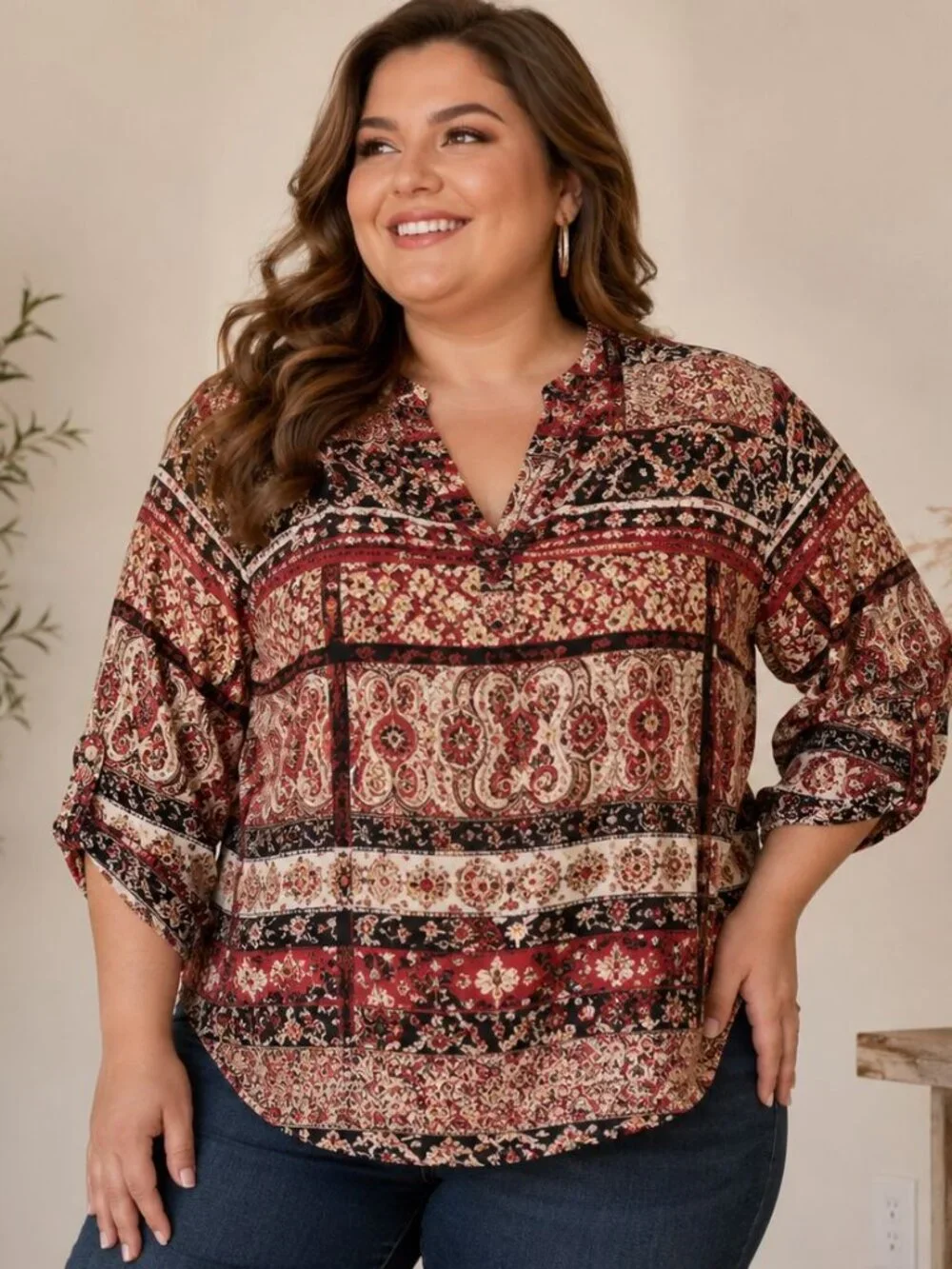 Cato Boho Paisley Medallion Blouse Red Black Tan V-Neck Tab Sleeve size 22/24